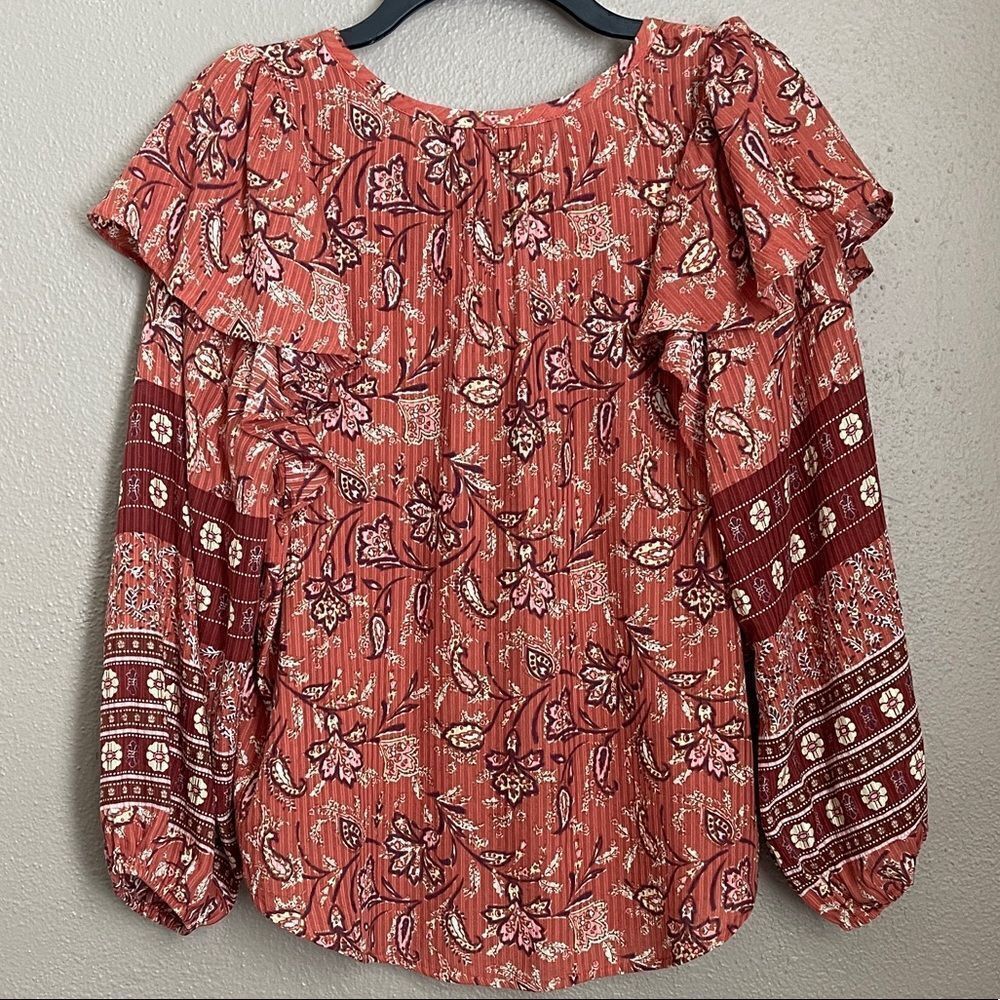 Loft Bouquet Ruffle Tie Neck Blouse Size M - Picture 6 of 9